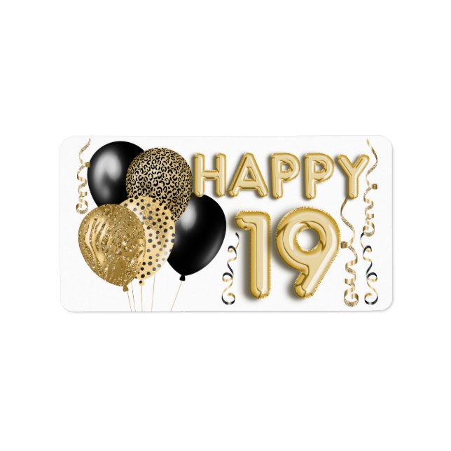 Leopard Black Gold Balloons 19th Birthday Label (Front)