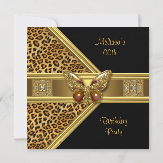 Leopard Black Gold Butterfly Image Birthday Party Invitation (Front)