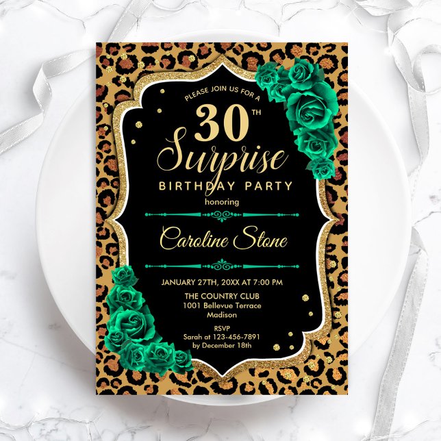 Leopard Black Gold Green Surprise 30th Birthday Invitation (Creator Uploaded)