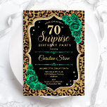 Leopard Black Gold Green Surprise 70th Birthday Invitation<br><div class="desc">Surprise 70th Birthday Party Invitation. Feminine black,  white and emerald green design with faux glitter gold. Features animal cheetah leopard print,  roses,  script font and confetti. Perfect for an elegant women's bday celebration. Can be personalized to show any age. Printed Zazzle invitations or instant download digital printable template.</div>