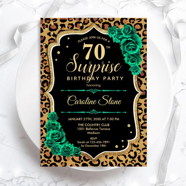 Leopard Black Gold Green Surprise 70th Birthday Invitation (Creator Uploaded)