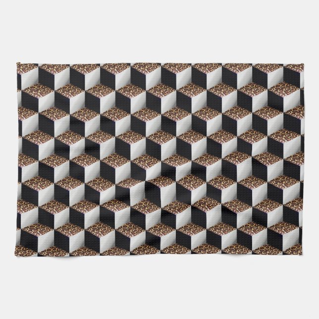 Leopard Black White Shaded 3D Look Cubes Tea Towel (Horizontal)