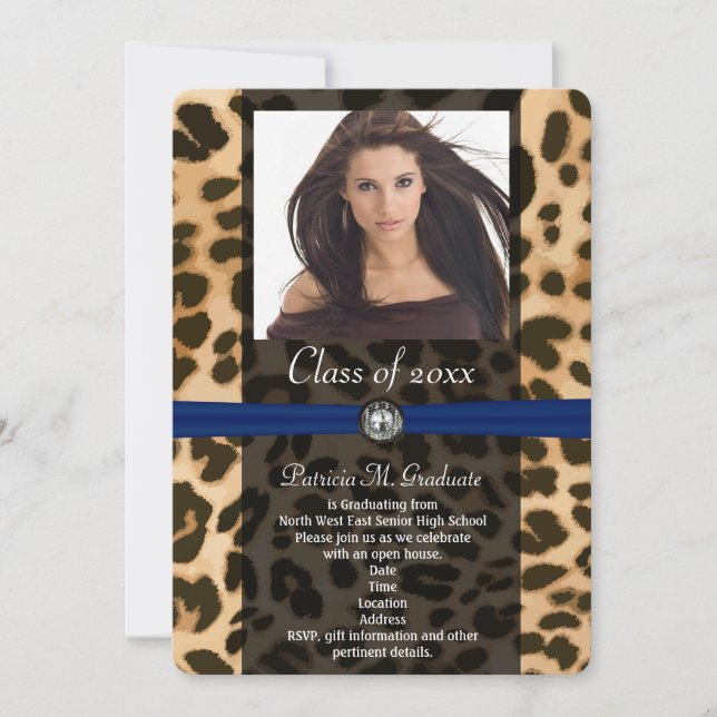 Leopard Blue Ribbon Photo Graduation Invitation (Front)