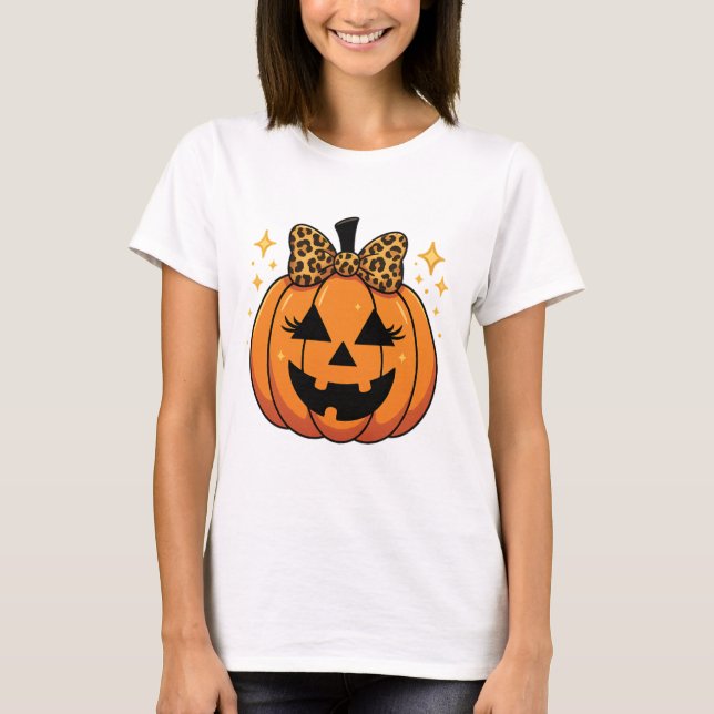 Leopard Bow Glam Pumpkin Face T-Shirt (Front)