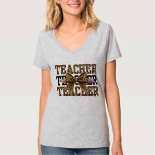 Leopard Bow Teacher School Pencil Cute Classroom  T-Shirt