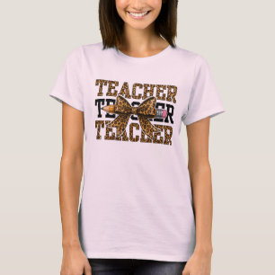 Leopard Bow Teacher School Pencil Cute Classroom  T-Shirt