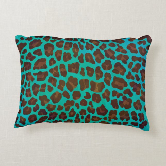 Leopard Brown and Teal Print Decorative Cushion (Back)