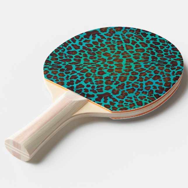 Leopard Brown and Teal Print Ping Pong Paddle (Front Angle)