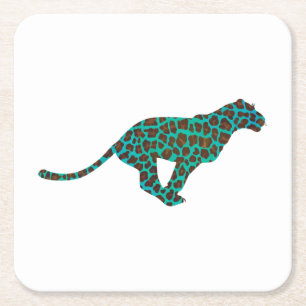 Leopard Brown and Teal Print Square Paper Coaster