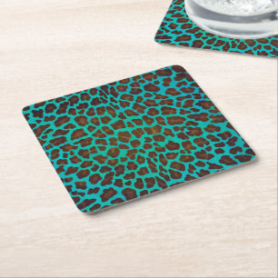 Leopard Brown and Teal Print Square Paper Coaster