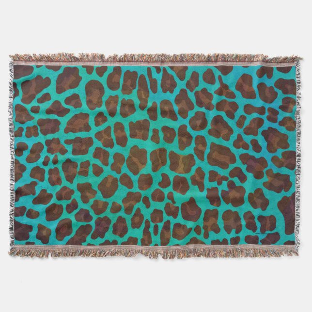 Leopard Brown and Teal Print Throw Blanket (Front)