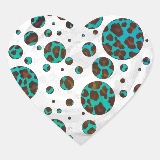 Leopard Brown and Teal PrintPolka Dots Heart Sticker (Front)