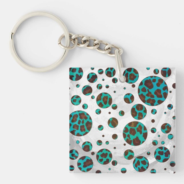 Leopard Brown and Teal PrintPolka Dots Key Ring (Front)