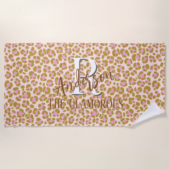 Leopard Brown Pink Beige Personalised Beach Towel (Front)