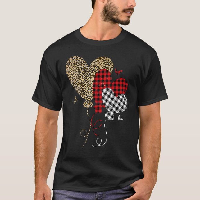 Leopard Buffalo Red Black Plaid Heart Funny Valent T-Shirt (Front)