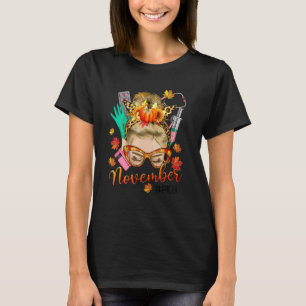 Leopard Bun Hair Girl White November PICU Nurse fo T-Shirt