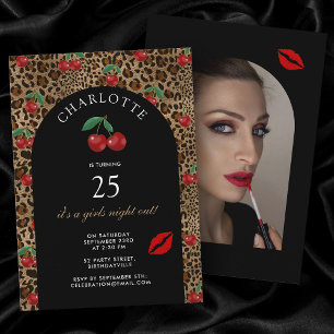 Leopard Cheetah Animal Print Cherry Birthday Photo Invitation