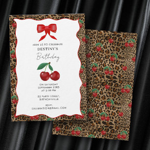 Leopard Cheetah Animal Print Cherry Girl Birthday Invitation