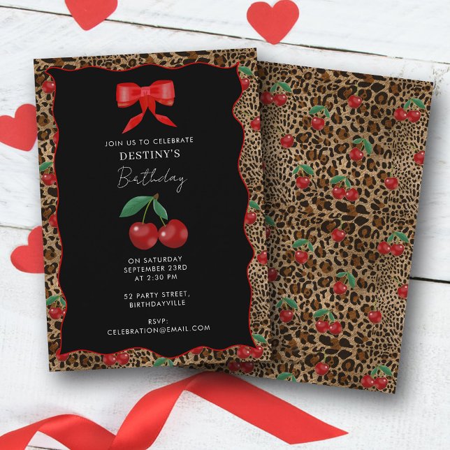 Leopard Cheetah Animal Print Cherry Girl Birthday Invitation (Leopard Cheetah Animal Print Cherry Girl Birthday Invitation)