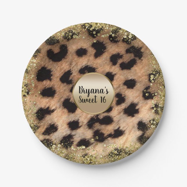 Leopard Cheetah Animal Print Gold Glitter Monogram Paper Plate (Front)