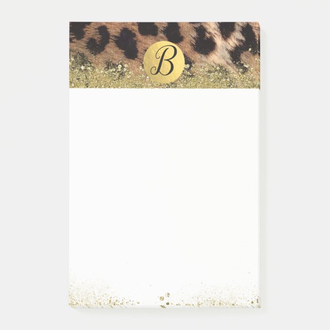 Leopard Cheetah Animal Print Gold Glitter Monogram Post-it Notes (Front)