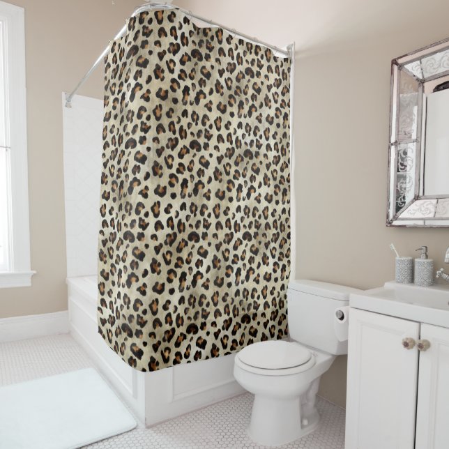 Leopard Cheetah Animal Print Pattern Beige Brown Shower Curtain (In Situ)