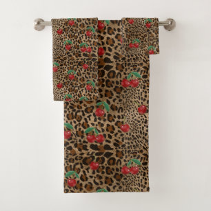 Leopard Cheetah Animal Print Red Cherry Bath Towel Set