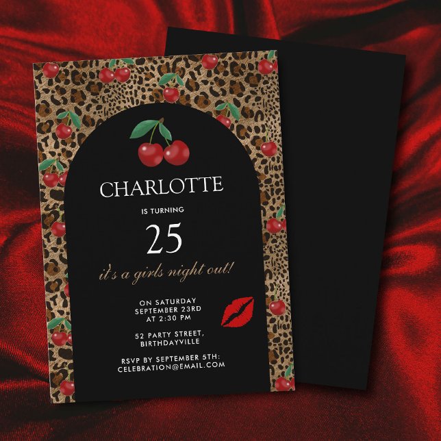 Leopard Cheetah Animal Print Red Cherry Birthday Invitation (Leopard Cheetah Animal Print Red Cherry Birthday Invitation)