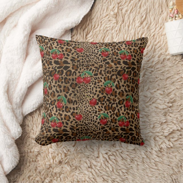 Leopard Cheetah Animal Print Red Cherry Pattern Cushion (Blanket)
