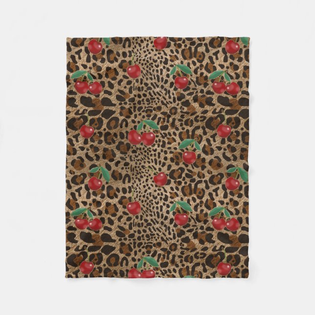 Leopard Cheetah Animal Print Red Cherry Pattern Fleece Blanket (Front)