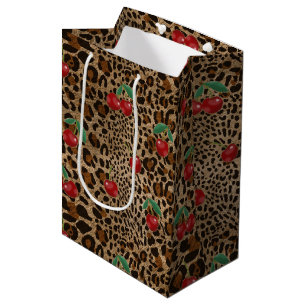 Leopard Cheetah Animal Print Red Cherry Pattern Medium Gift Bag
