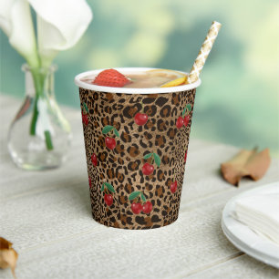 Leopard Cheetah Animal Print Red Cherry Pattern Paper Cups