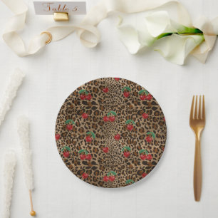 Leopard Cheetah Animal Print Red Cherry Pattern Paper Plate