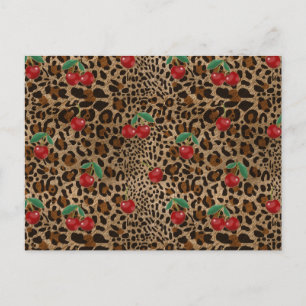 Leopard Cheetah Animal Print Red Cherry Pattern Postcard