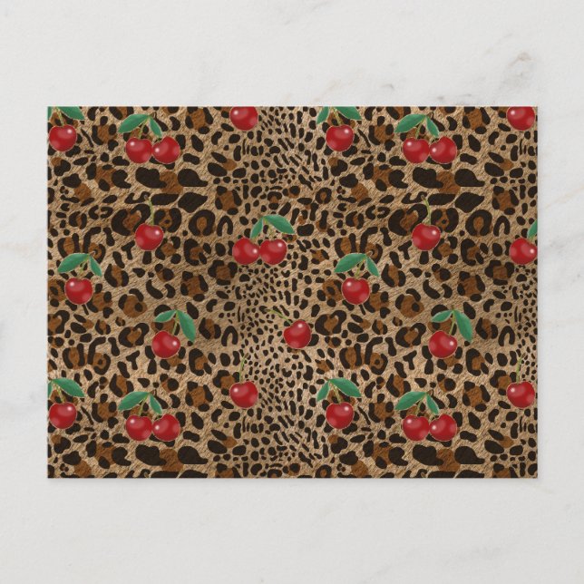 Leopard Cheetah Animal Print Red Cherry Pattern Postcard (Front)