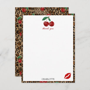 Leopard Cheetah Animal Print Red Cherry Pattern Thank You Card