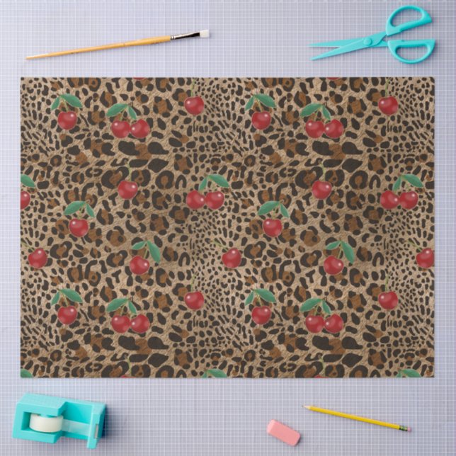 Leopard Cheetah Animal Print Red Cherry Pattern Tissue Paper (Craft)
