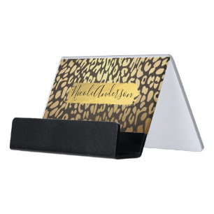 Leopard Cheetah Animal Skin Print & Gold Modern Desk Business Card Holder