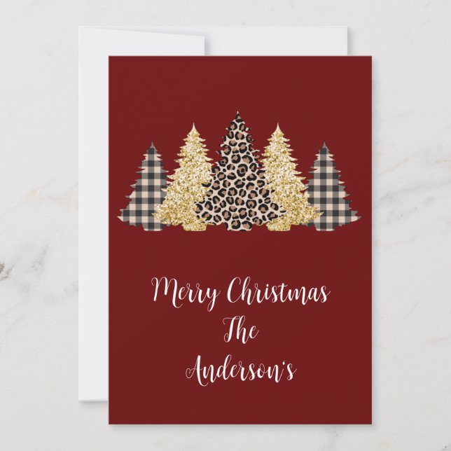 Leopard Cheetah Buffalo Plaid Christmas Trees Card (Front)