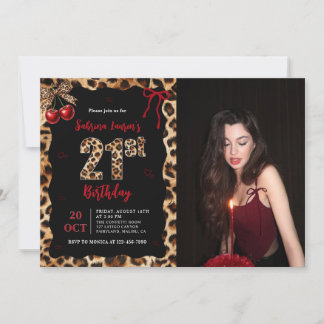 Leopard Cheetah Cherry 21st Birthday Photo Invitation