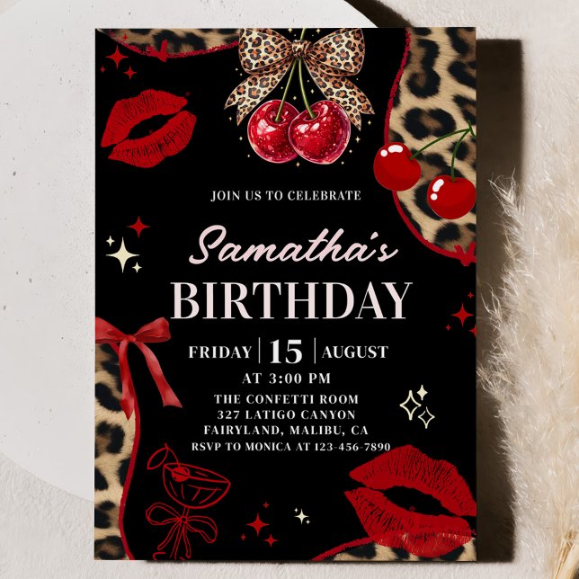 Leopard Cheetah Coquette Cherry Birthday Invitation (Creator Uploaded)