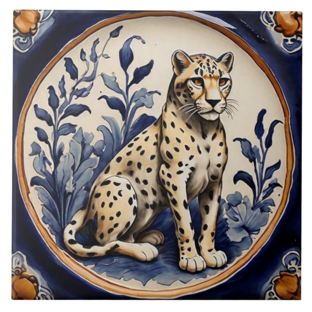 Leopard Cheetah Navy Blue Antique Vintage Tile (Front)