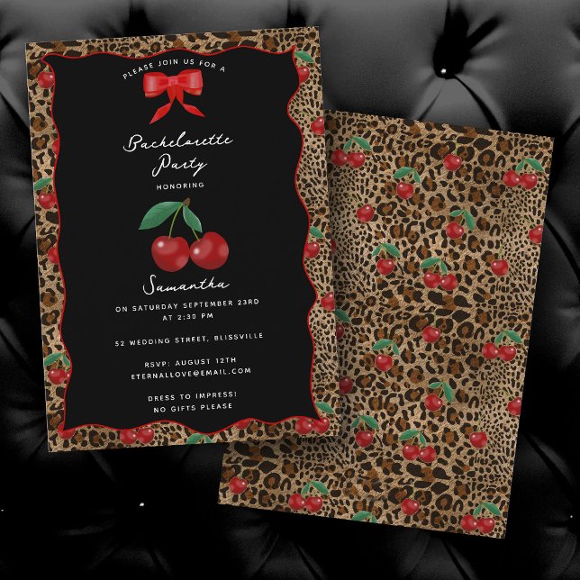 Leopard Cheetah Print Cherry Cocktail Bachelorette Invitation (Leopard Cheetah Print Cherry Cocktail Bachelorette Invitation)