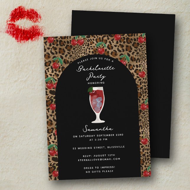 Leopard Cheetah Print Cherry Cocktail Bachelorette Invitation (Leopard Cheetah Print Cherry Cocktail Bachelorette Invitation)