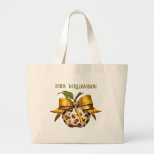 Leopard Cheetah Print Teacher's Apple Large Tote Bag