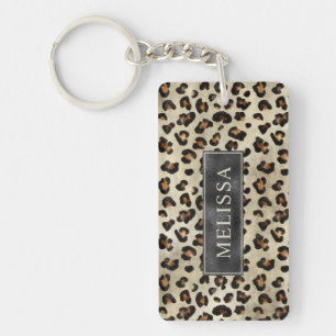 Leopard Cheetah Print With Black Faux Foil Texture Key Ring