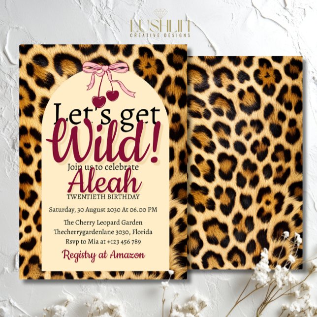 Leopard Cherry Pink Bow Birthday Cute & Glam Invitation (Creator Uploaded)