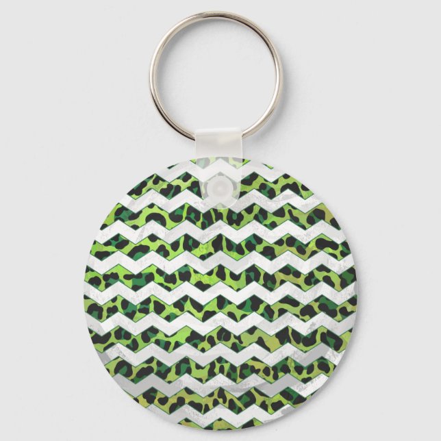 Leopard Chevron Black and Green Print Key Ring (Front)