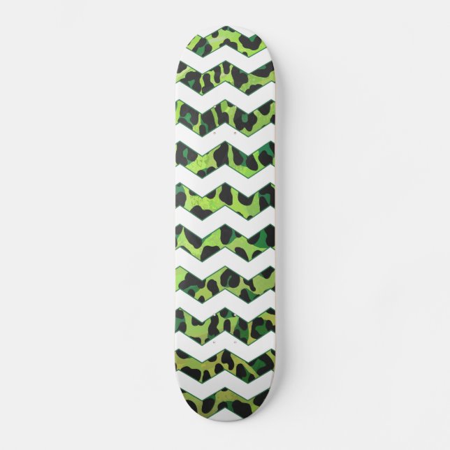 Leopard Chevron Black and Green Print Skateboard (Front)