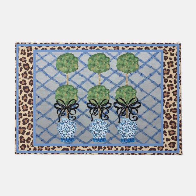 Leopard Chinoiserie Blue Ginger Jars Doormat  (Front)